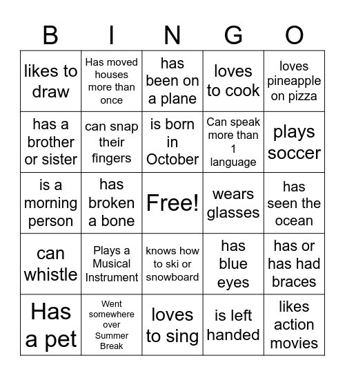 Get to Know You BINGO Card