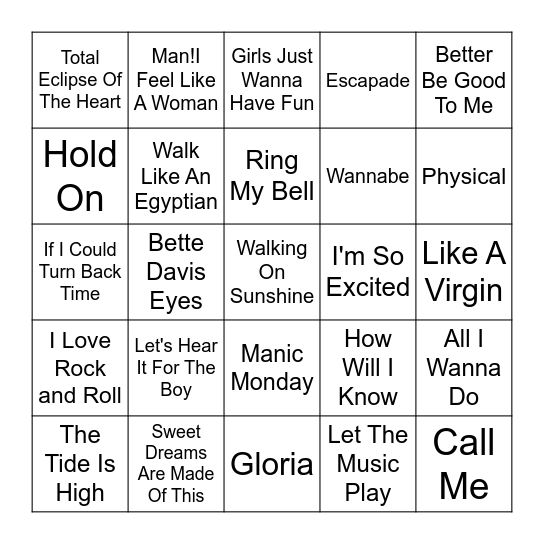 80's, 90's LADIES---SINGO Bingo Card