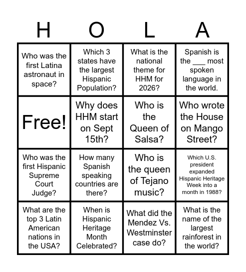 Hispanic Heritage Bingo Card