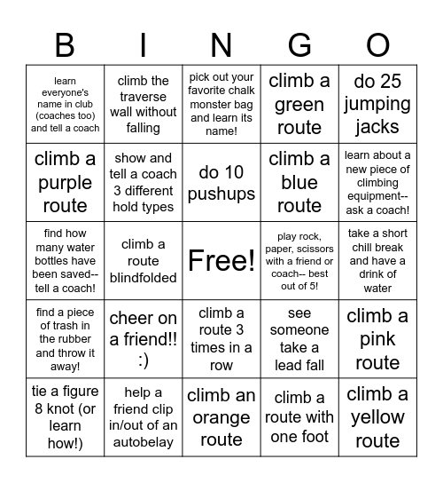 Climbing Bingo Card