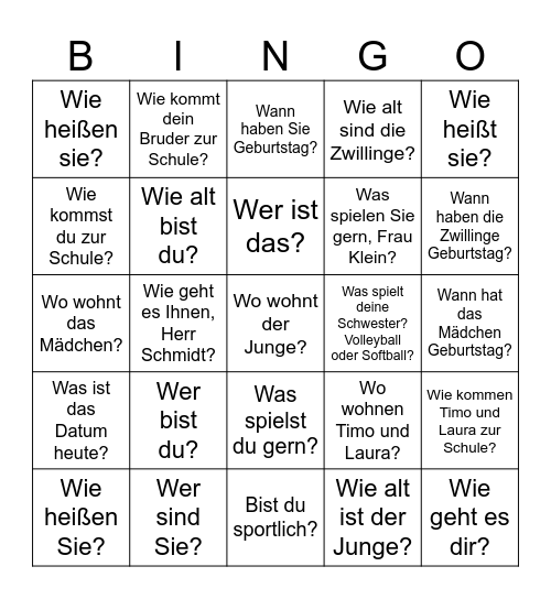 Deutsch I  Fragen Set #1 Bingo Card