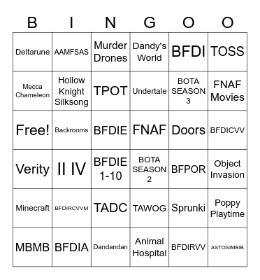 Shows and Games Bingo Card