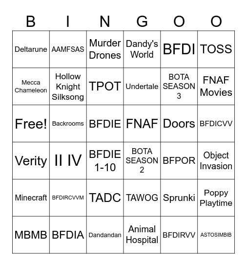 Shows and Games Bingo Card