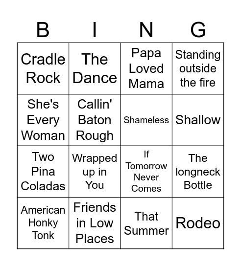 c* Garth Brooks Bingo Card