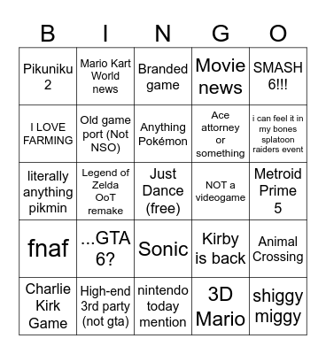 Nintendo Direct Bingo September 2026 Bingo Card