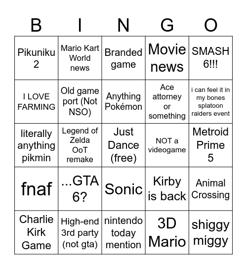 Nintendo Direct Bingo September 2026 Bingo Card