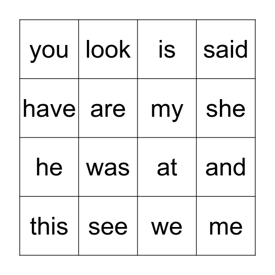 Sight Words Bingo Card
