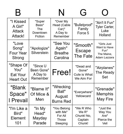 Pop Goes Punk Bingo Card