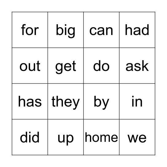 Sight Words Bingo Card