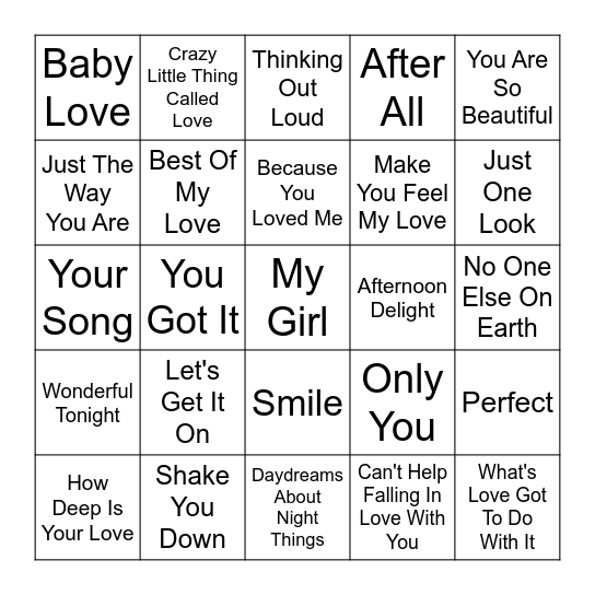 LOVE SONGS-----SINGO Bingo Card