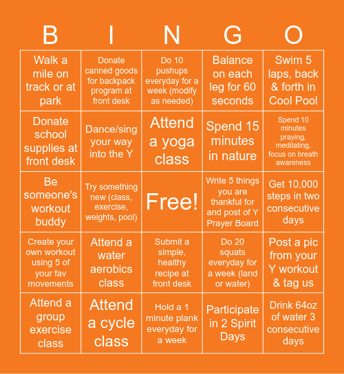 YMCA Fall Fitness Bingo 2026 Bingo Card