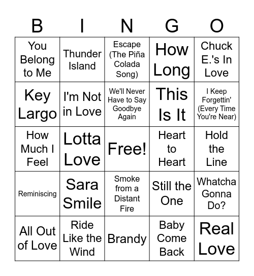 Yacht Rock Bingo Card
