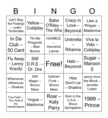 Super Bowl Halftime Bingo Card