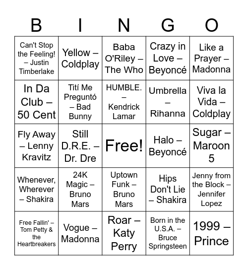 Super Bowl Halftime Bingo Card