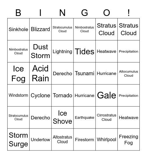 Weather Bingo Card