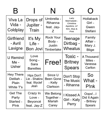 2000's Pop Bingo Card