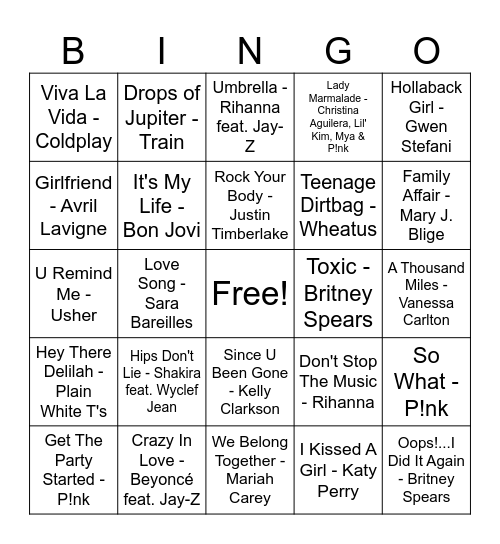2000's Pop Bingo Card