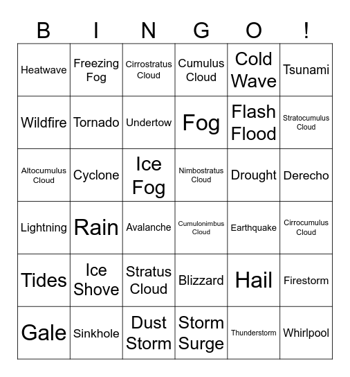 Weather Bingo Card