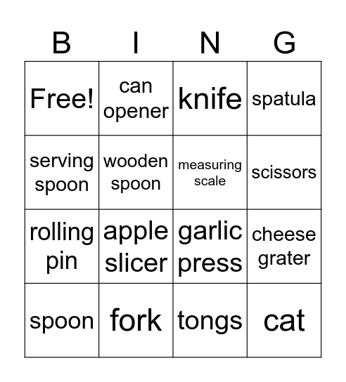 Kitchen Utensils Bingo Card