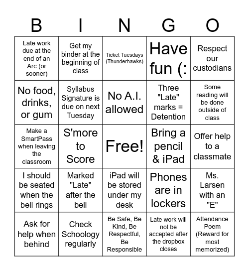 Ms. Larsen's Syllabus Bingo Card