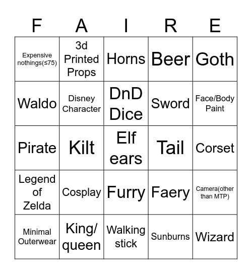 Renfaire Bingo Card