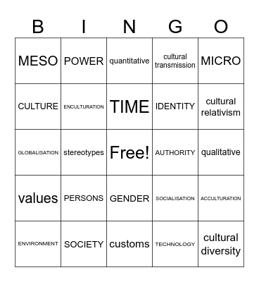 Society and Culture Definitions Bingo Card