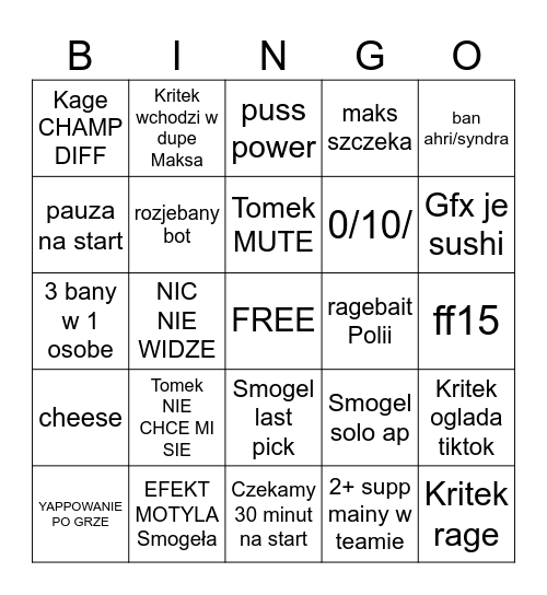 customy Bingo Card