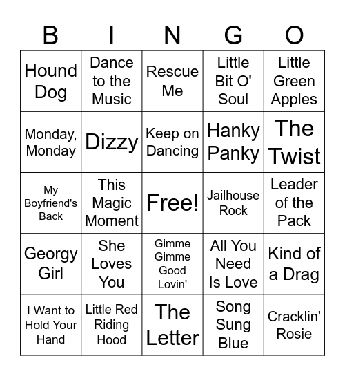 Oldies Coverall Bingo Card