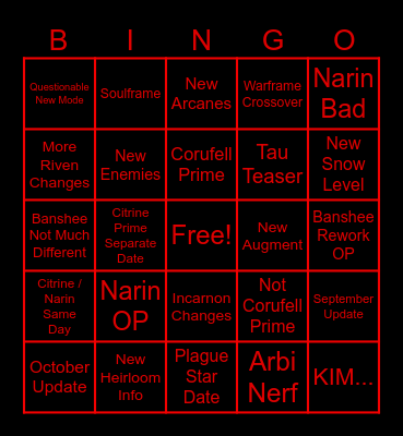 September 2026 Warframe Devstream Bingo Card