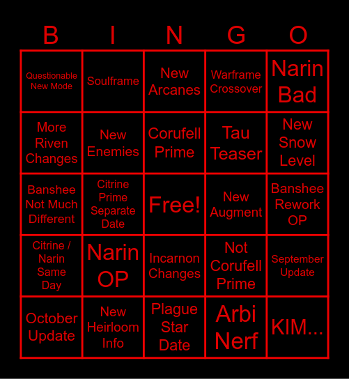 September 2026 Warframe Devstream Bingo Card
