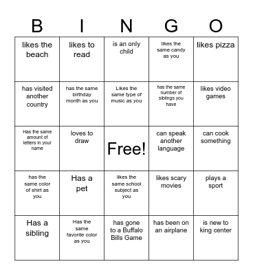 Classmate Bingo Card