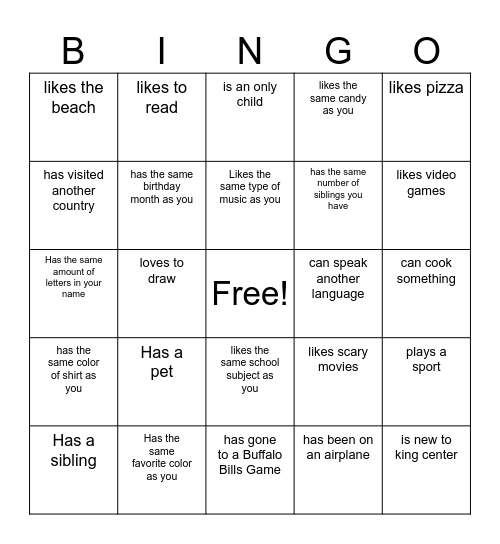 Classmate Bingo Card