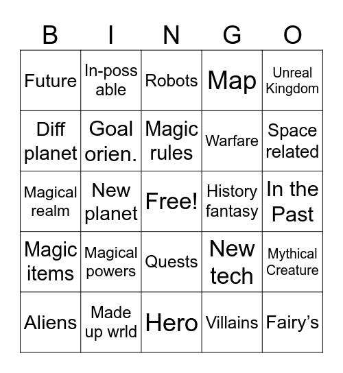 My Fiction Bingo Card Bingo Card