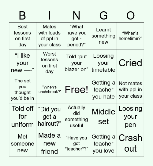 School bingo Card