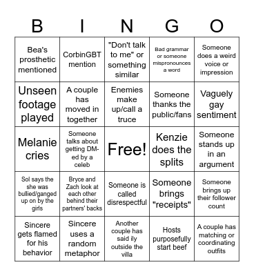 Love Island Reunion Bingo Card