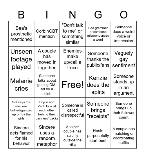 Love Island Reunion Bingo Card