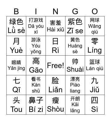 Chinese Unit 1 Review Bingo Card