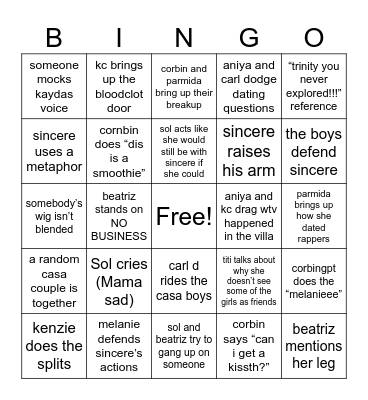 Love Island Reunion Bingo Card