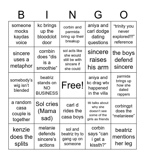 Love Island Reunion Bingo Card