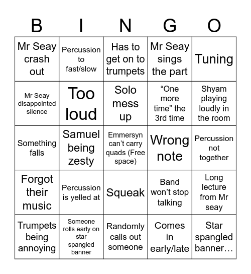 Band Bingo Card