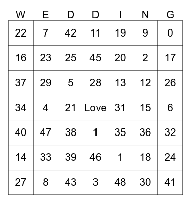 Wedding Bingo Card