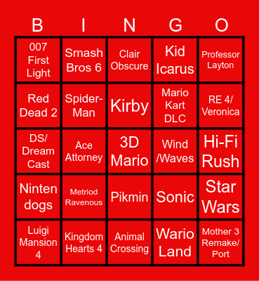 Nintendo Direct: September 9th Bingo Card