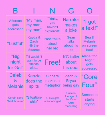 Love Island Reunion Bingo Card