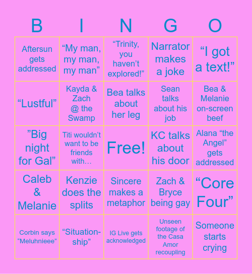 Love Island Reunion Bingo Card