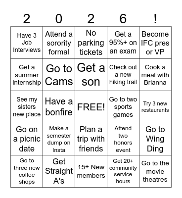 Fall Semester 2026 Bingo Card