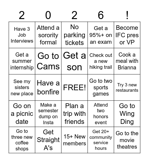 Fall Semester 2026 Bingo Card