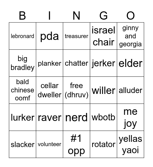 opps bingo 26-27 Bingo Card