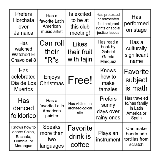 La Raza Bingo! Bingo Card