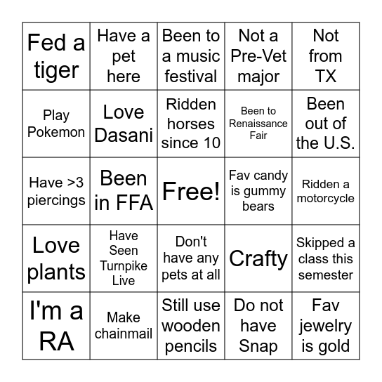 All About Me Bingo Card