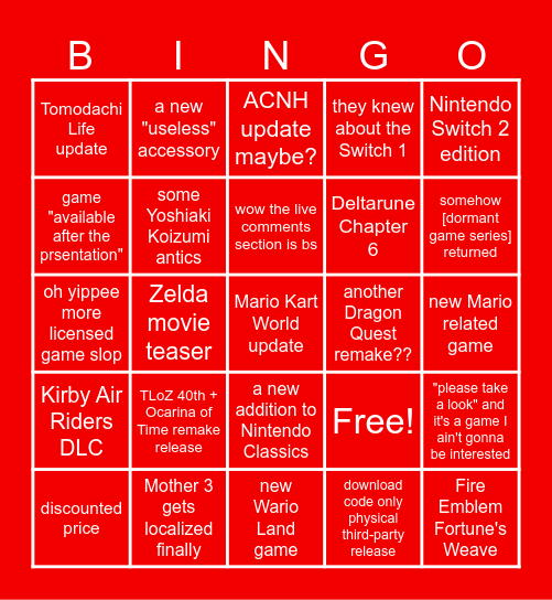 Nintendo Direct Bingo Card